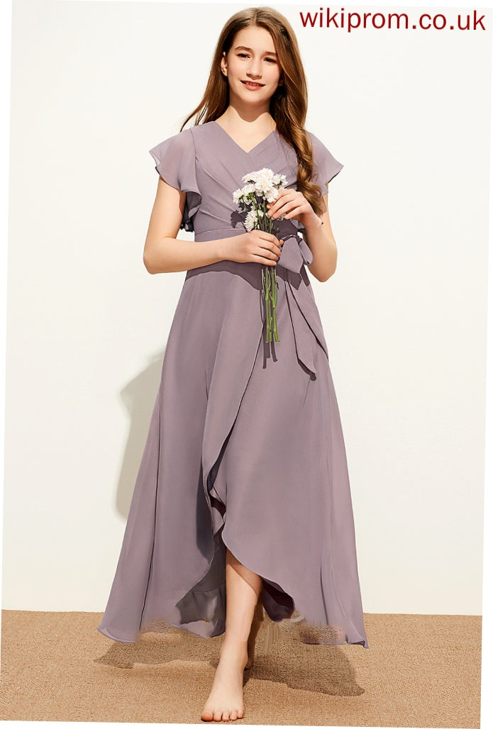 A-Line Junior Bridesmaid Dresses Regina V-neck Bow(s) Asymmetrical Chiffon With Ruffle