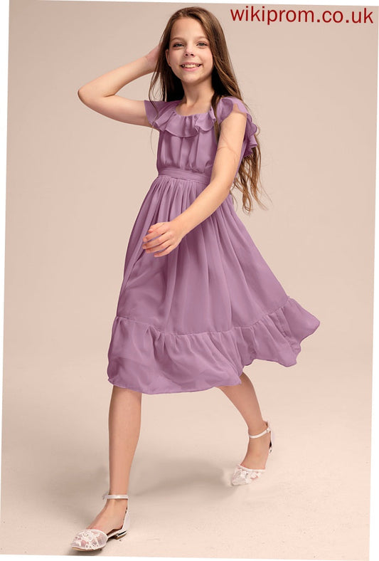 Bow(s) Scoop Ruffles A-Line Chiffon Neck Knee-Length Cascading Junior Bridesmaid Dresses Ashlynn With