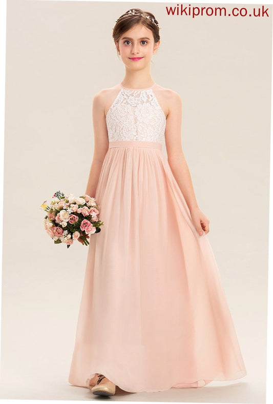 Summer A-Line Floor-Length Chiffon Scoop Lace Junior Bridesmaid Dresses Neck