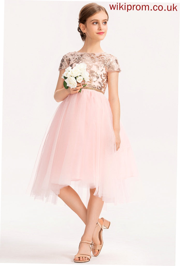 Tulle With Asymmetrical Sequins Neck Junior Bridesmaid Dresses A-Line Scoop Madisyn