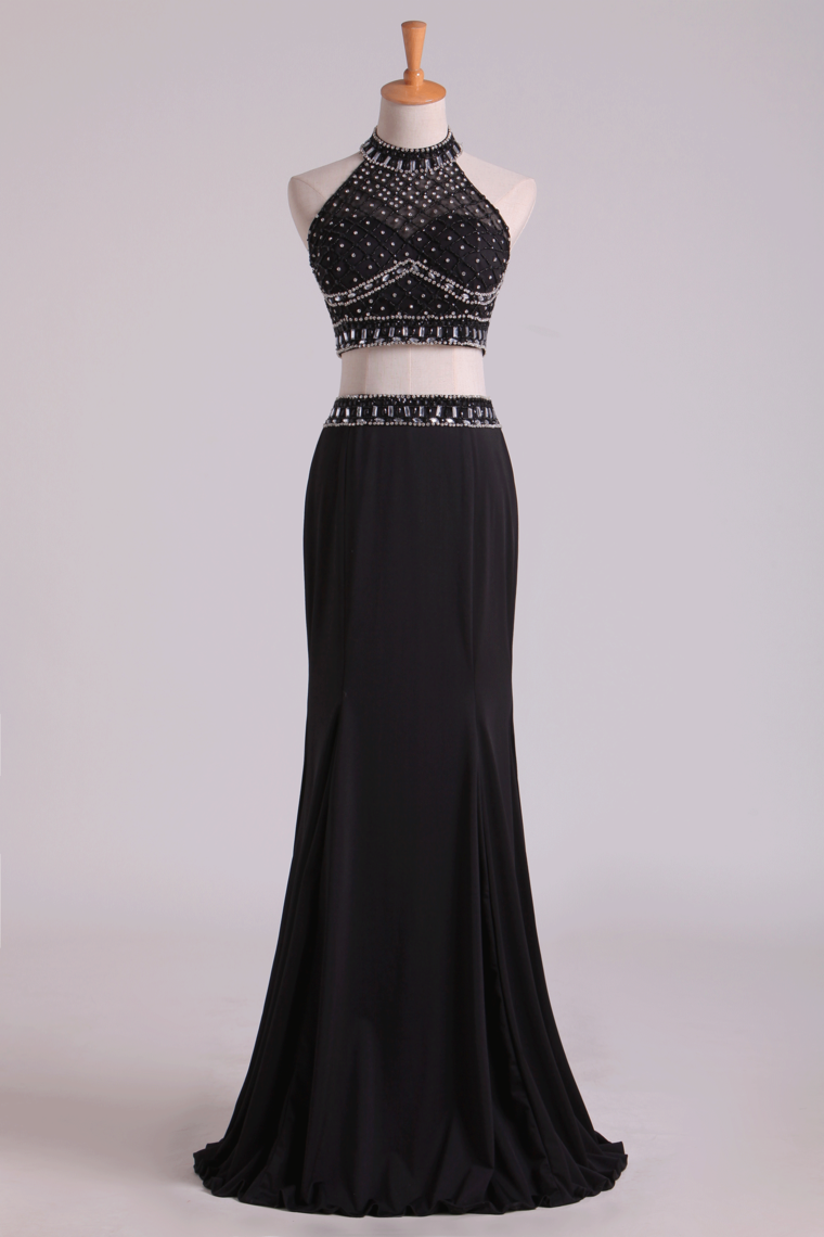 Black Halter Two-Piece Beaded Bodice Mermaid Open Back Prom Dresses Spandex & Tulle Floor Length