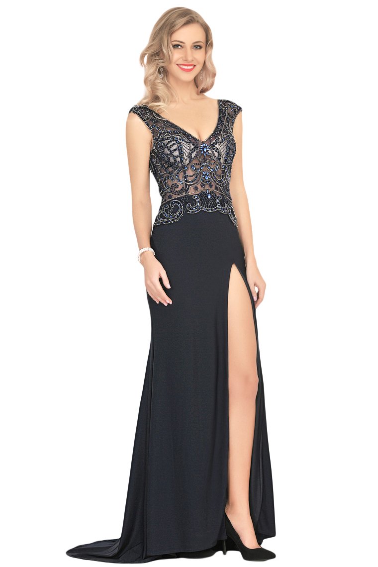 Mermaid V Neck Prom Dresses With Beads&Rhinestones