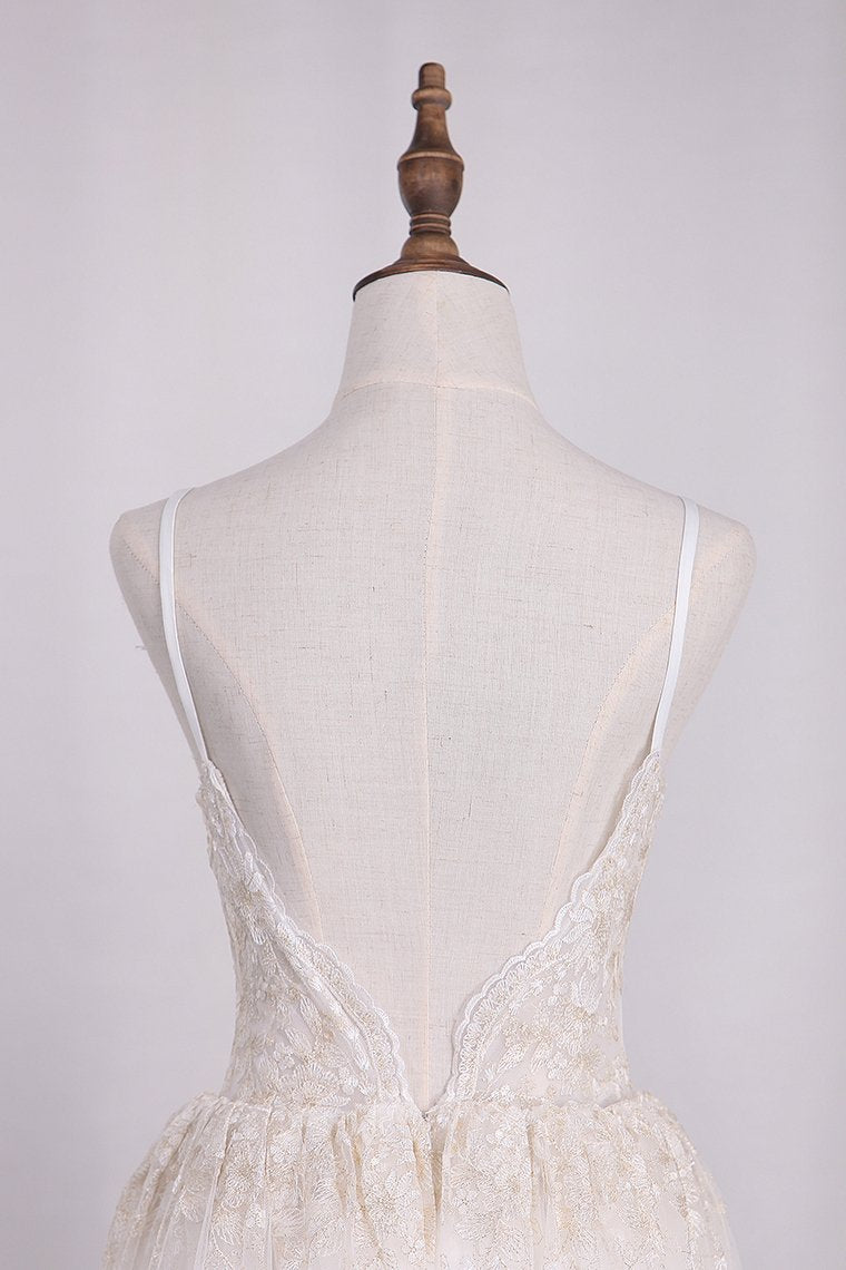 New Arrival Spaghetti Straps A Line Lace Wedding Dresses Open Back