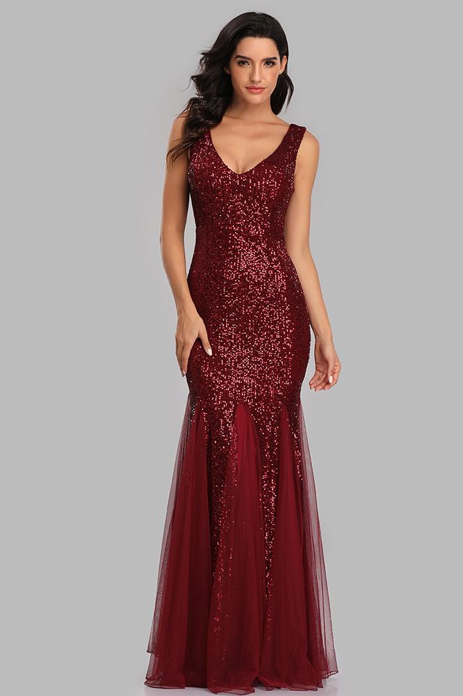 Sexy Burgundy Tulle V Neck Mermaid Sequin Prom Dresses, Evening Party Dresses SWK15332