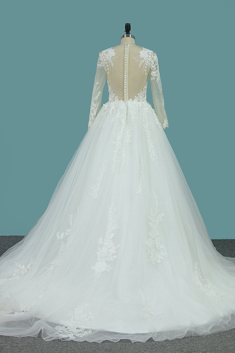 Scoop Long Sleeves Tulle Wedding Dresses With Applique Chapel Train