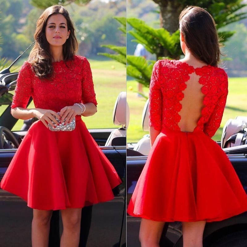 Red Cocktail Dress Sexy Long sleeve Backless Lace homecoming Dress