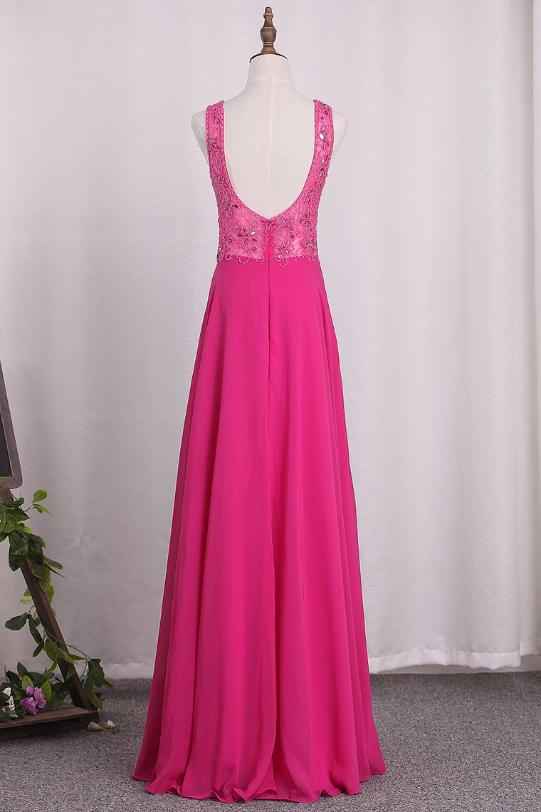 A Line V Neck Chiffon Prom Dresses Beaded Bodice Open Back