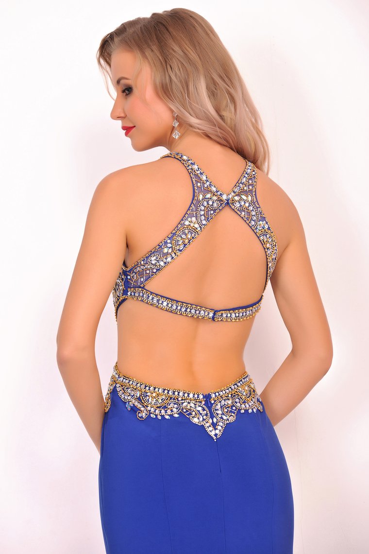 Sexy Open Back Scoop Mermaid Prom Dresses Spandex With Beads And Slit