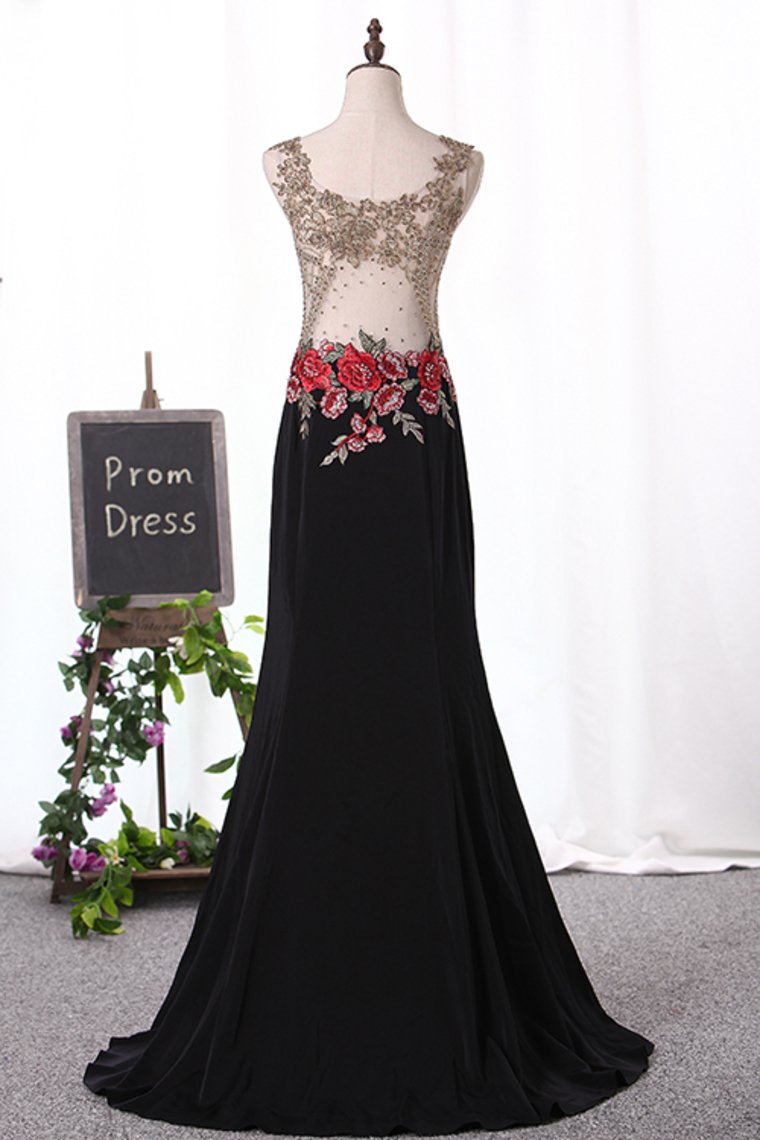 Scoop Mermaid Spandex Prom Dresses With Beads&Appliques Sweep Train