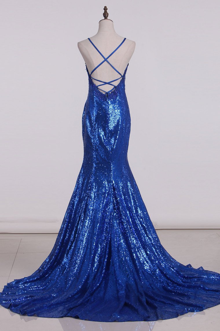 Mermaid Spaghetti Straps Prom Dresses With Applique Sequins