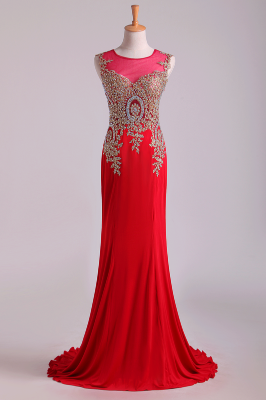 Red Prom Dresses Scoop Mermaid Sweep Spandex With Applique Sleeveless