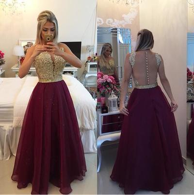 See Through Lace Cheap Unique Burgundy Sleeveless Beads A-Line V-Neck Prom Dresses WK972