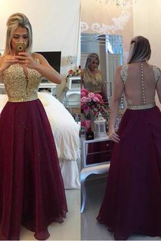 See Through Lace Cheap Unique Burgundy Sleeveless Beads A-Line V-Neck Prom Dresses WK972