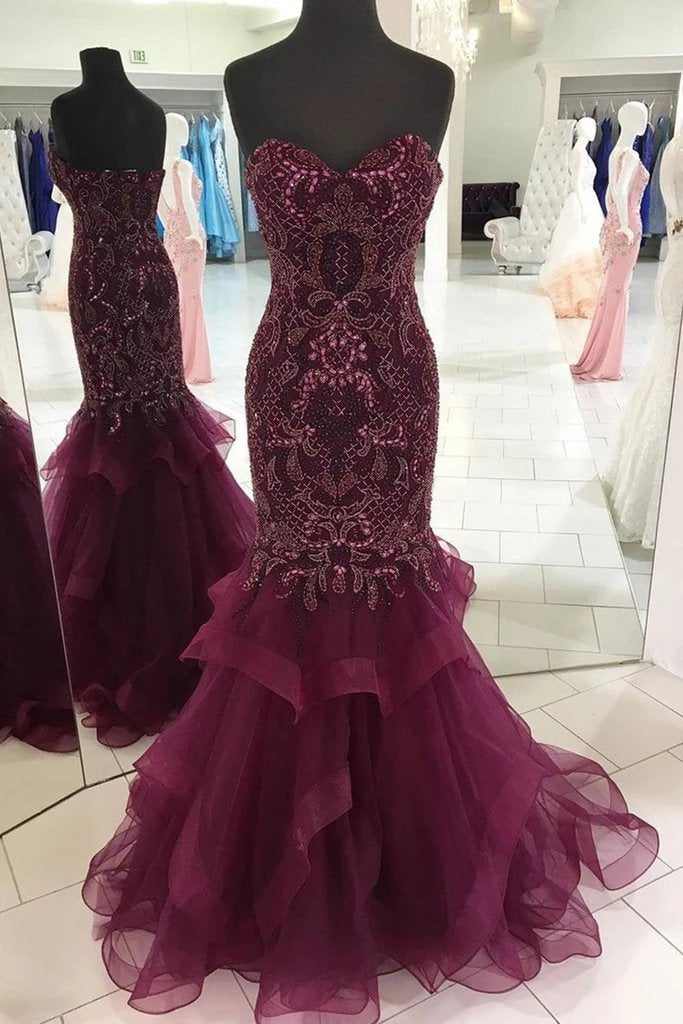 Strapless Sweetheart Long Tulle Mermaid Beads Prom Dresses, Maroon Formal Dresses SWK15433