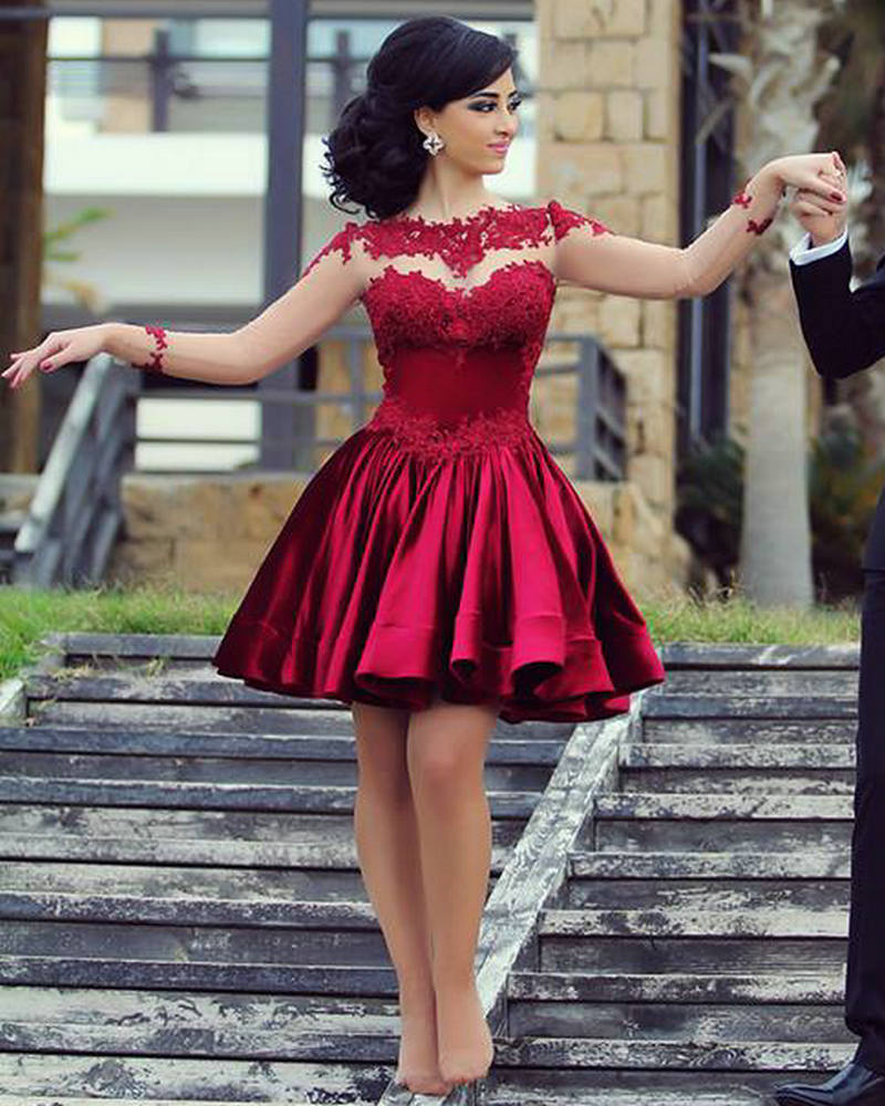 Short Ball Gown High Neckline with Long Sleeves Lace Dark Wine Red Backless Lace Prom Dress WK24