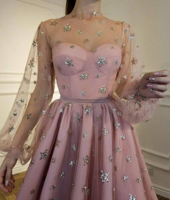 Cute Long Sleeve Tulle Above Knee Homecoming Dresses with Stars Short Dresses WK780