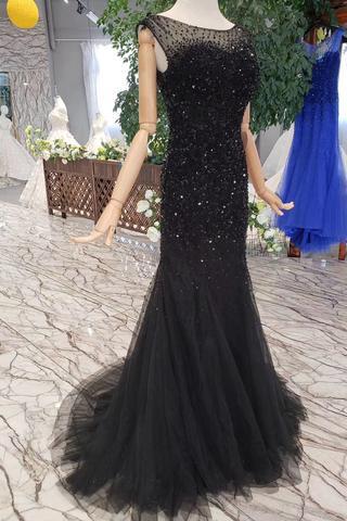 Mermaid Black Sequins Tulle Bodice Prom Dresses with Straps Long Evening Formal Dress WK797