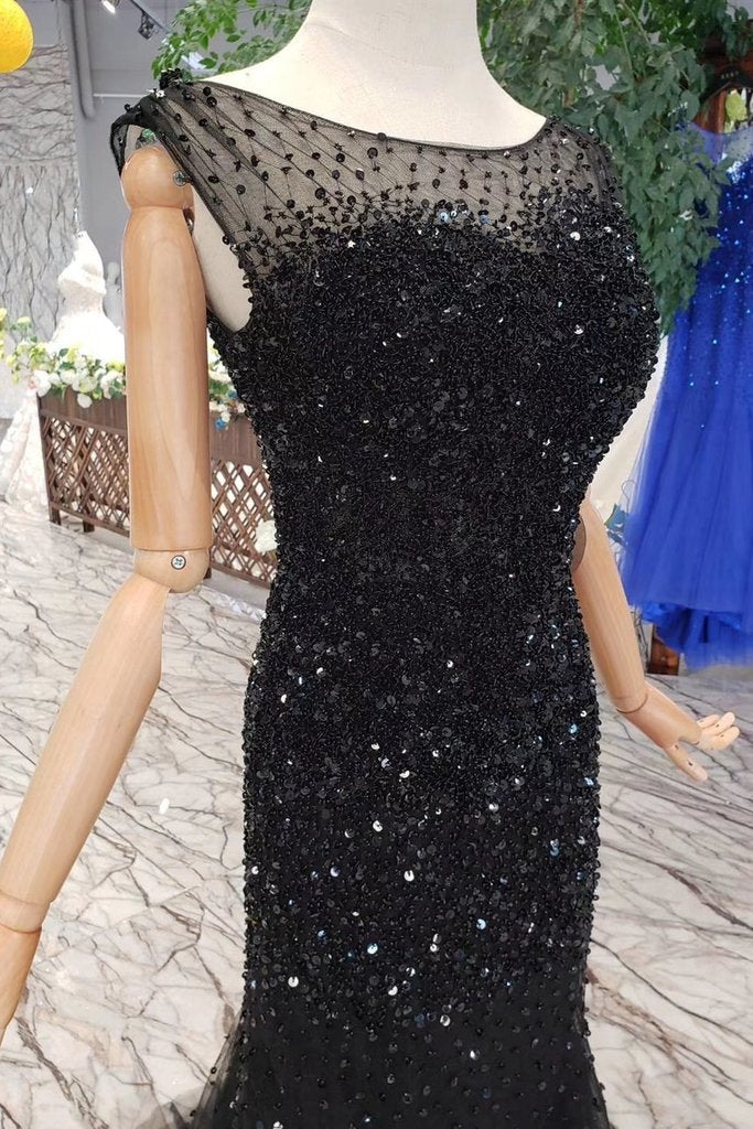 Mermaid Black Sequins Tulle Bodice Prom Dresses with Straps Long Evening Formal Dress WK797