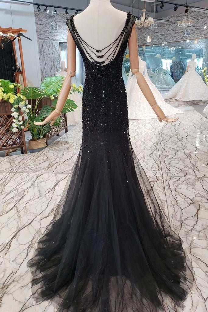 Mermaid Black Sequins Tulle Bodice Prom Dresses with Straps Long Evening Formal Dress WK797