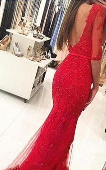 Graceful Red Beaded Lace Long Half Sleeve Backless Floor Length Mermaid prom Dresses WK703