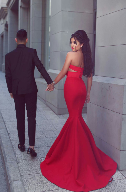 Gorgeous Strapless Sweetheart Sleeveless Open Back Mermaid Red Long Prom Dresses WK768