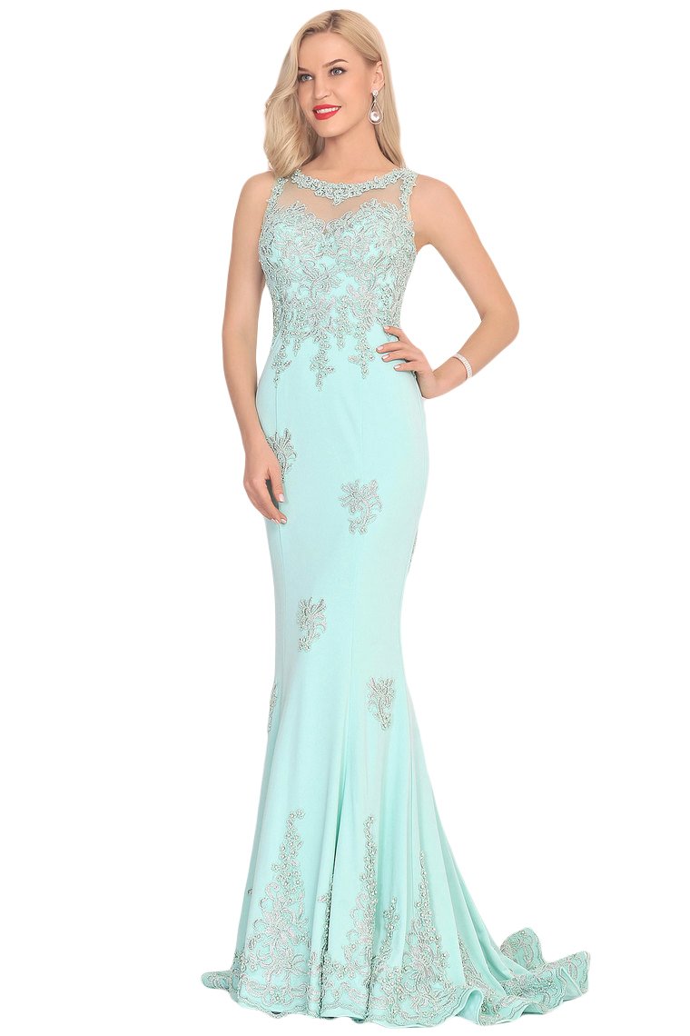 Prom Dresses Mermaid Scoop Spandex With Applique Sweep Train