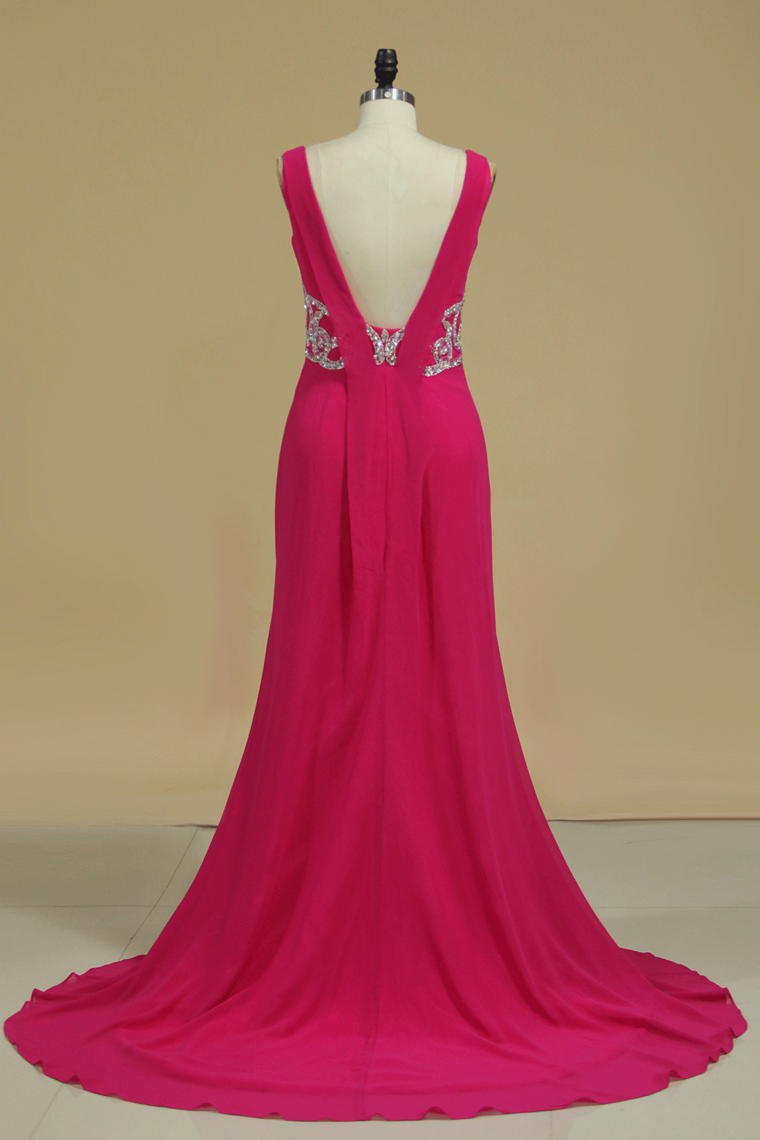 Fuchsia Straps Prom Dresses Beaded Waistband Mermaid Sweep Train Chiffon