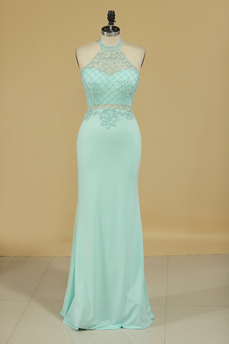 Spandex Mermaid Prom Dresses With Beading Sweep Train