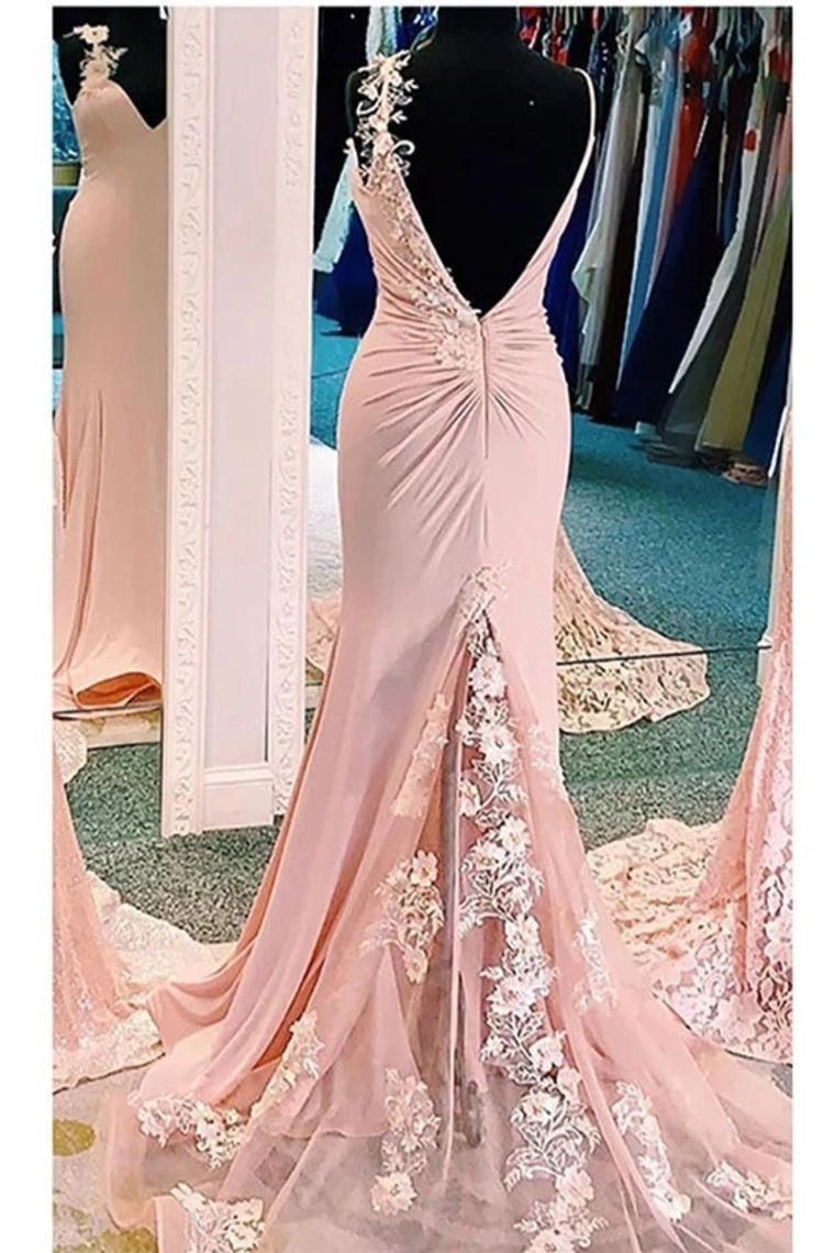 Mermaid V Neck Spaghetti Straps Long Prom Dresses Appliques Party Dress Chiffon And SWKPFT7D7JQ