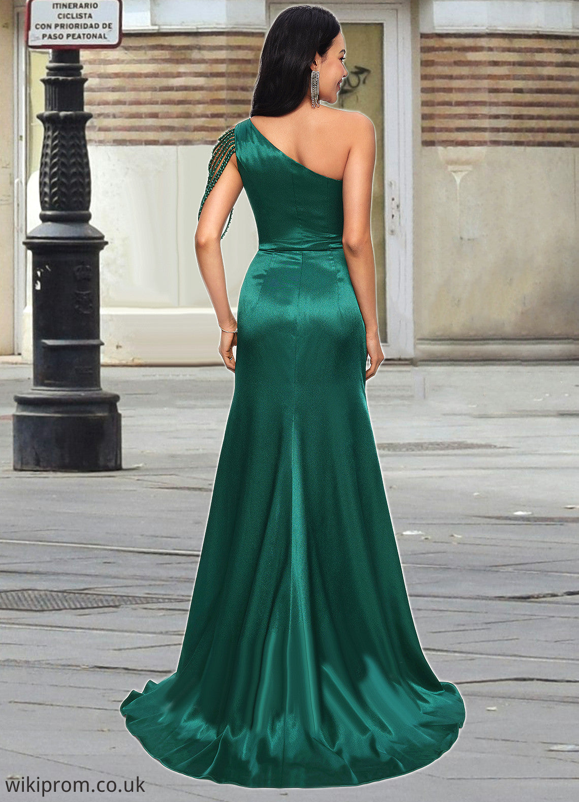 Aliyah Trumpet/Mermaid One Shoulder Sweep Train Stretch Satin Prom Dresses With Beading SWKP0022205