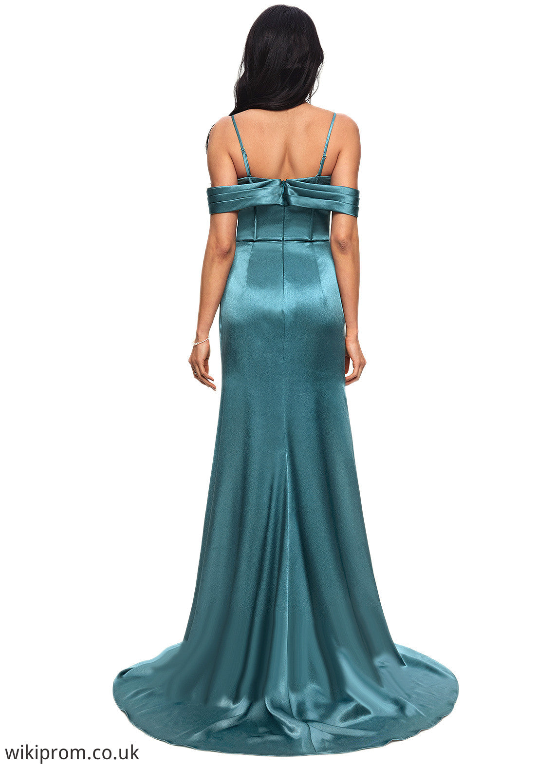 Nola Trumpet/Mermaid V-Neck Sweep Train Stretch Satin Prom Dresses With Beading Rhinestone Sequins SWKP0022213