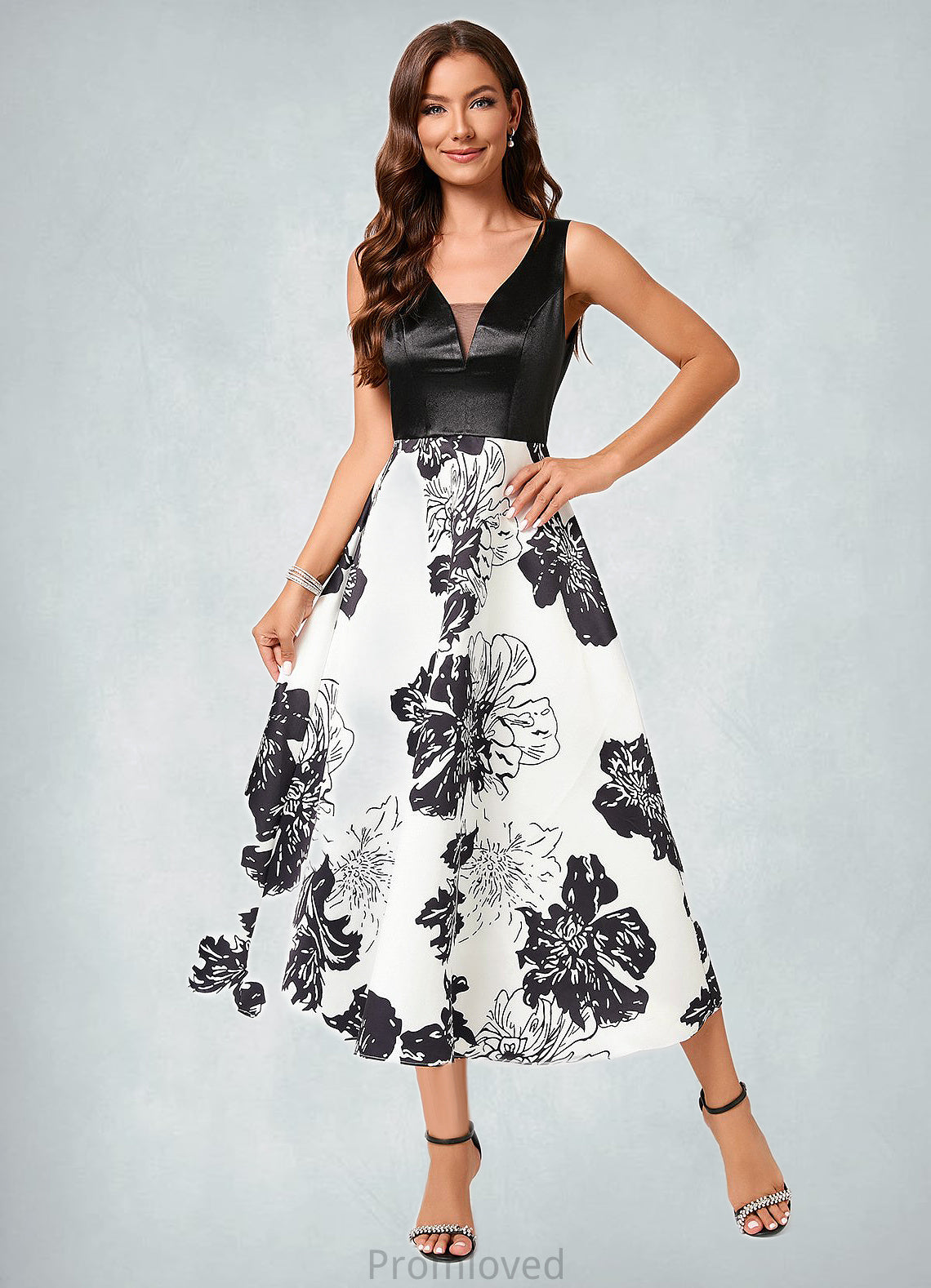 Kassidy A-line V-Neck Tea-Length Polyester Cocktail Dress With Flower DUP0022320