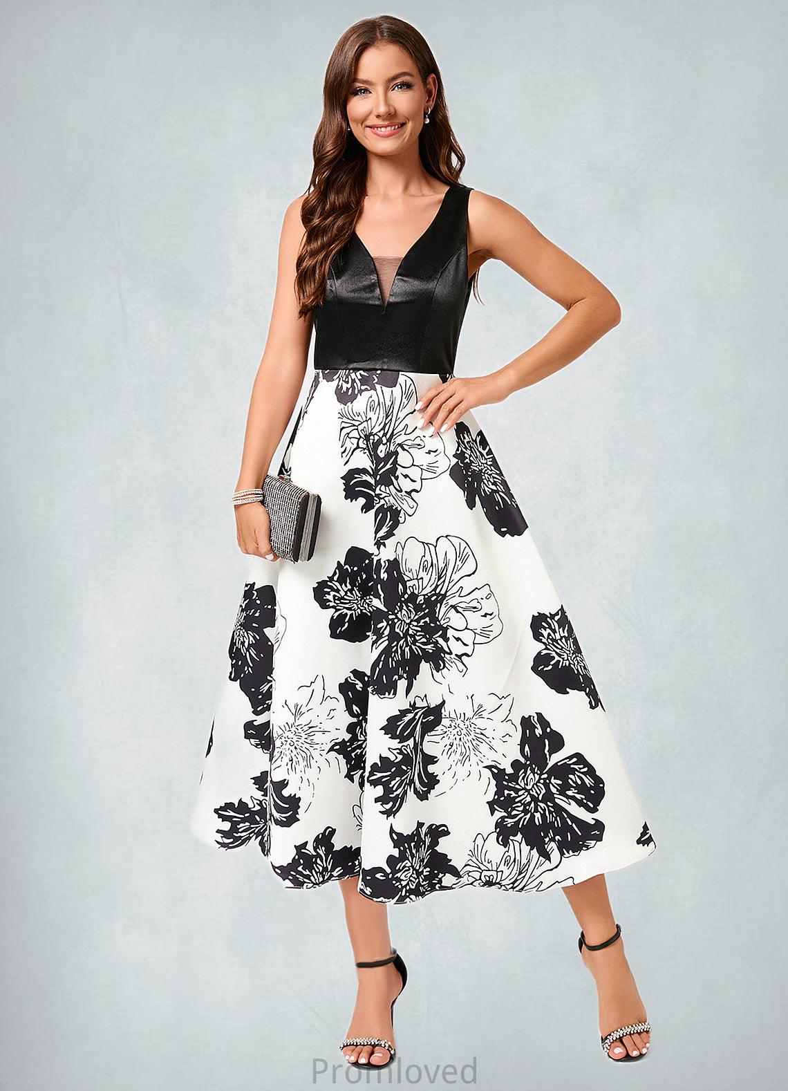 Kassidy A-line V-Neck Tea-Length Polyester Cocktail Dress With Flower DUP0022320