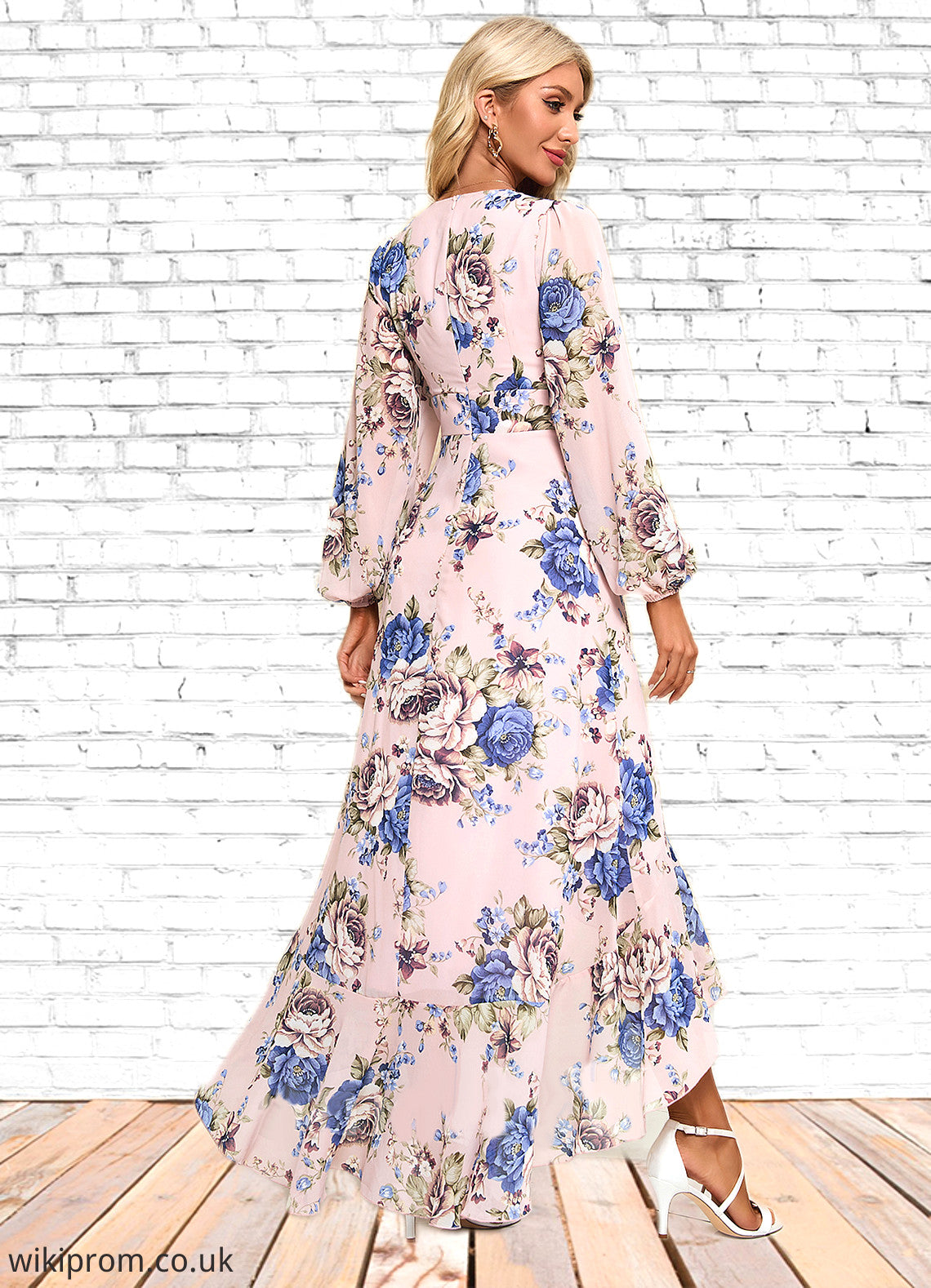 Briley Ruffle Floral Print V-Neck Elegant A-line Chiffon Asymmetrical Dresses SWKP0022327