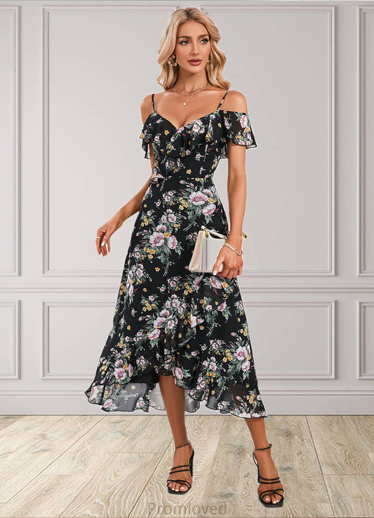 Eloise Floral Print Cold Shoulder Elegant A-line Chiffon Asymmetrical Dresses DUP0022369