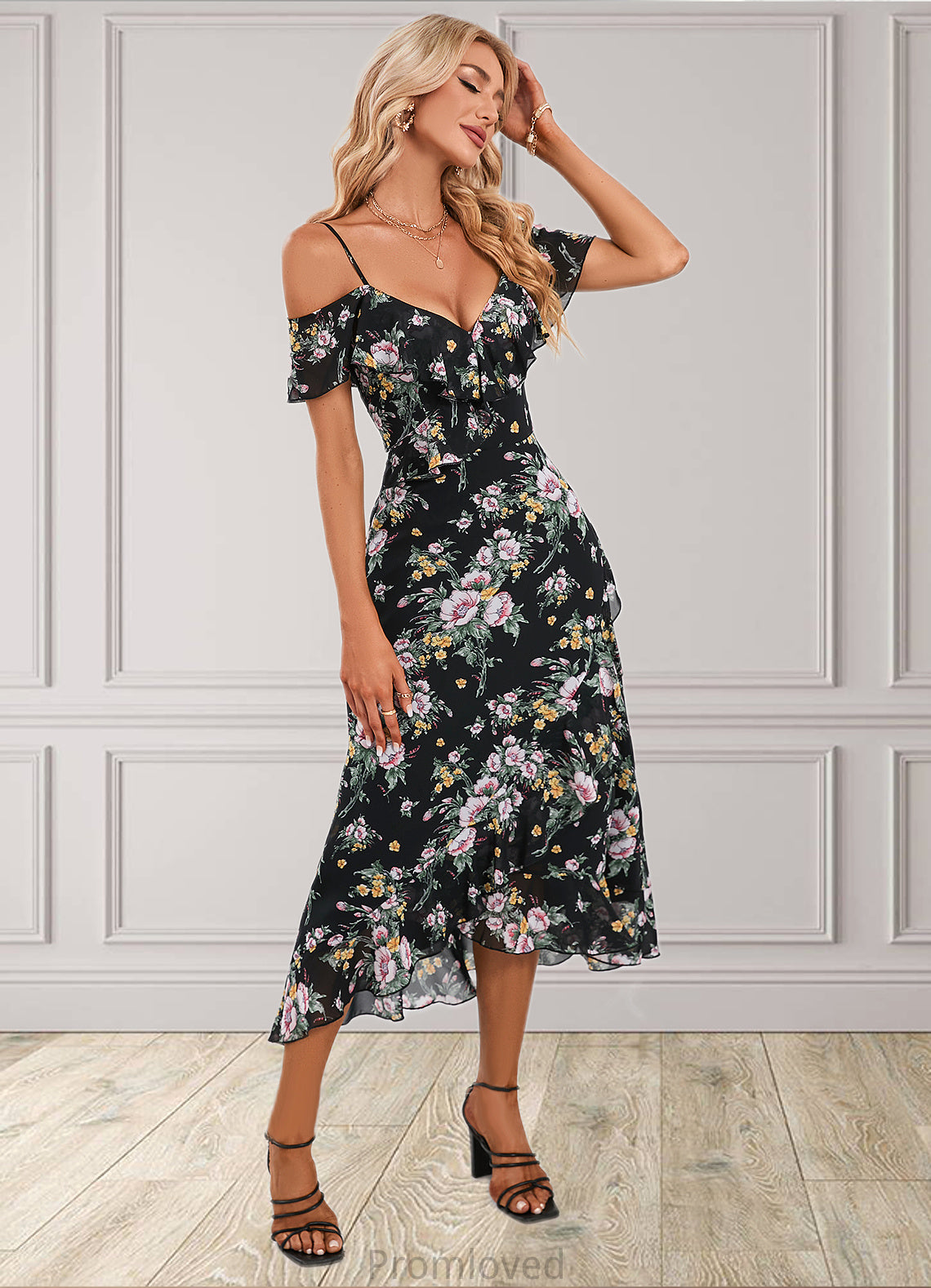 Eloise Floral Print Cold Shoulder Elegant A-line Chiffon Asymmetrical Dresses DUP0022369