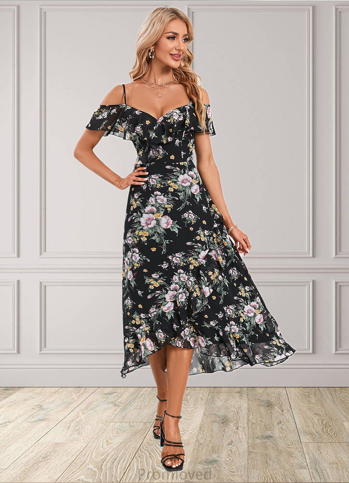 Eloise Floral Print Cold Shoulder Elegant A-line Chiffon Asymmetrical Dresses DUP0022369