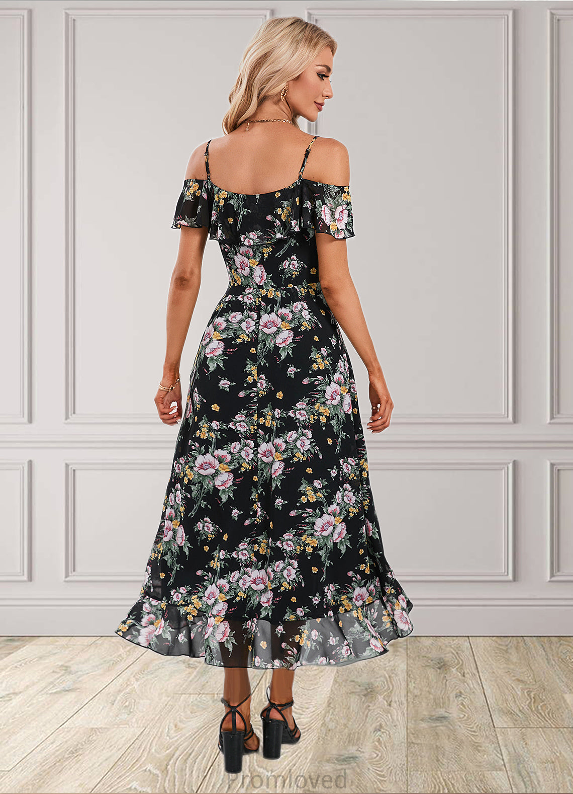 Eloise Floral Print Cold Shoulder Elegant A-line Chiffon Asymmetrical Dresses DUP0022369