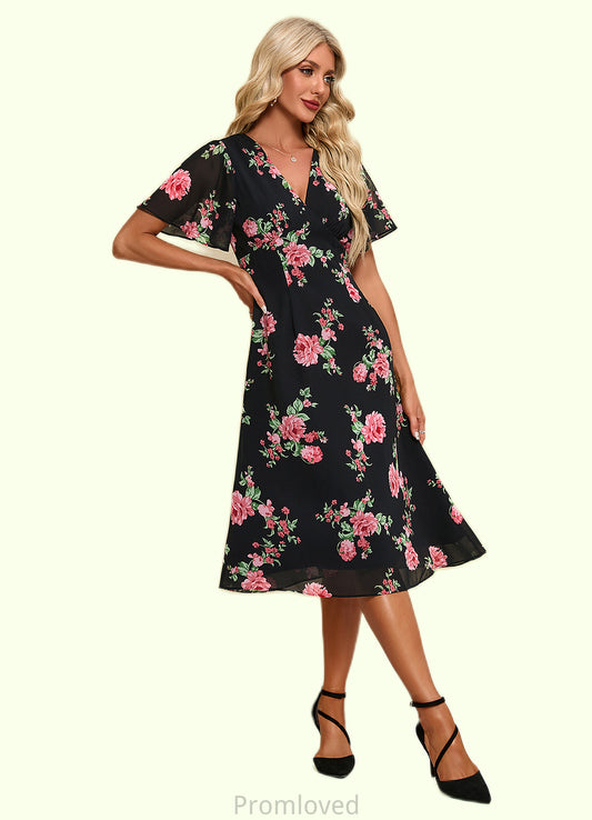 Lillianna Floral Print V-Neck Elegant A-line Chiffon Midi Dresses DUP0022424