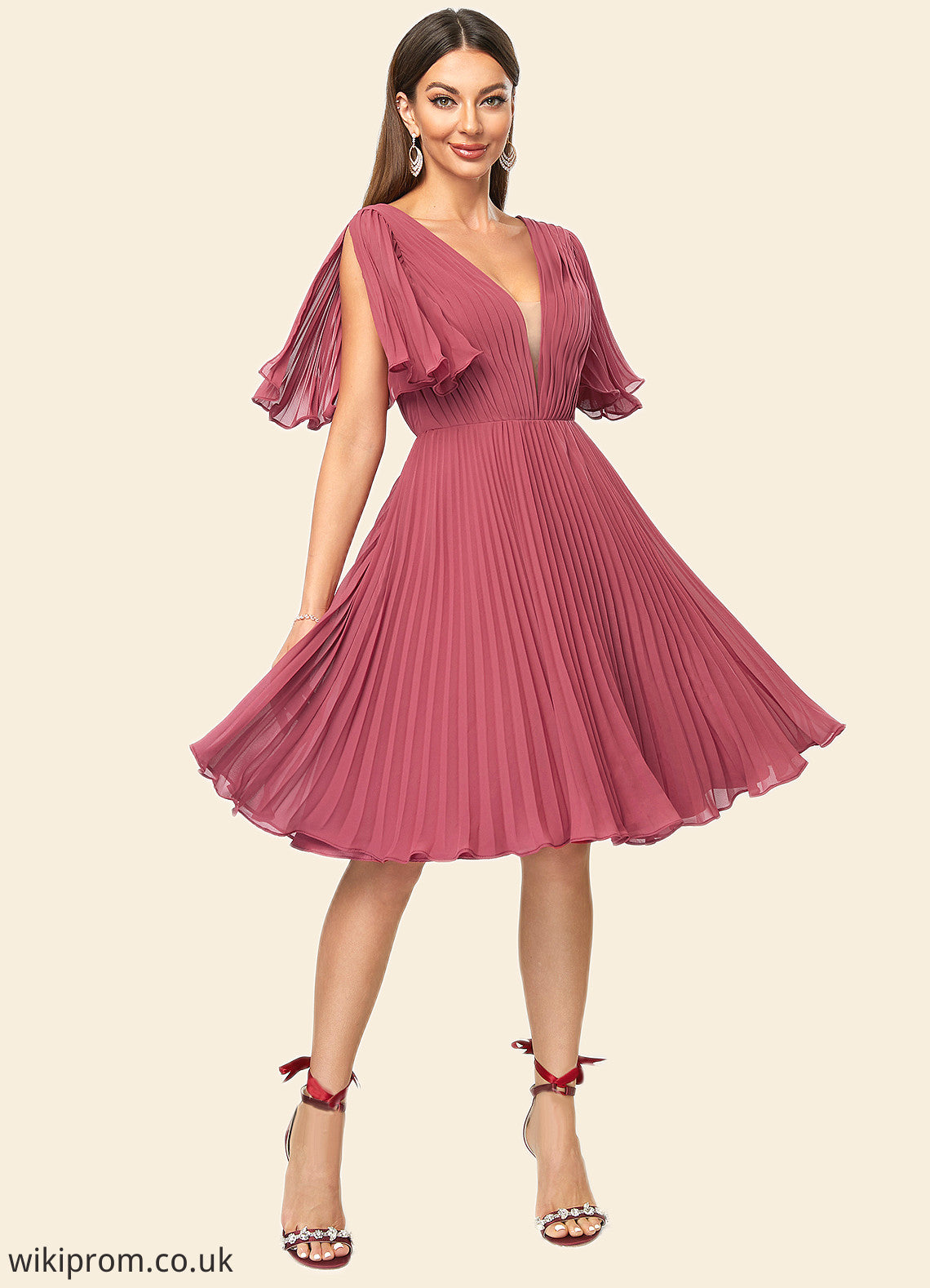 Carleigh A-line V-Neck Knee-Length Chiffon Cocktail Dress With Pleated SWKP0022429