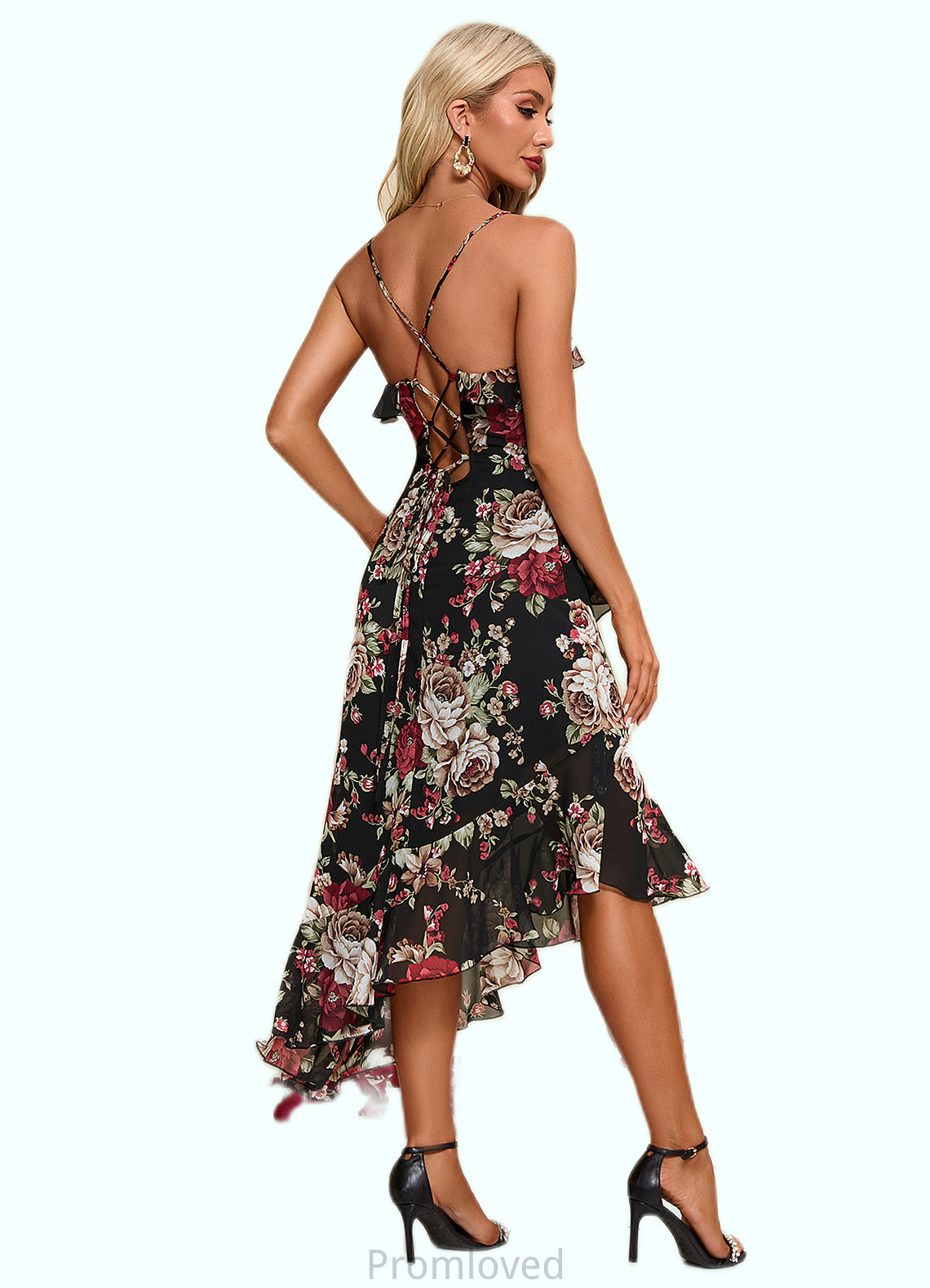 Yaritza Ruffle Floral Print V-Neck Elegant A-line Chiffon Asymmetrical Dresses DUP0022447