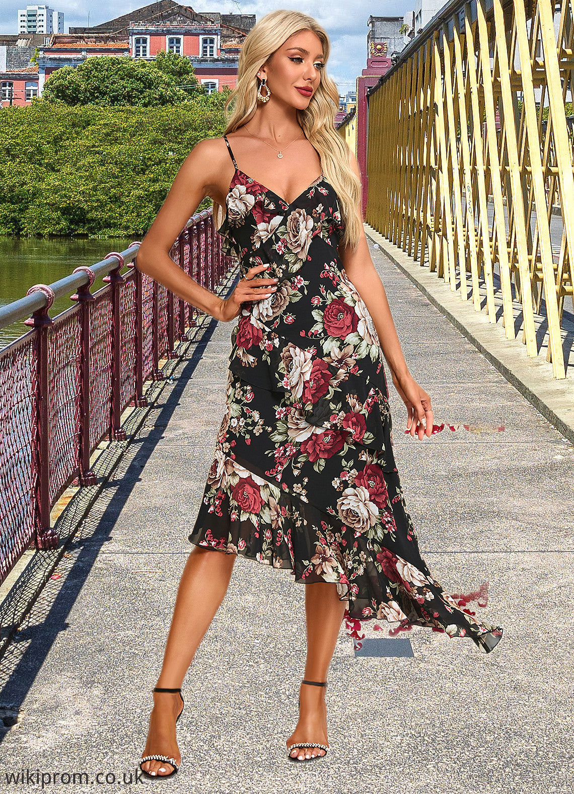 Jewel Ruffle Floral Print V-Neck Elegant A-line Chiffon Asymmetrical Dresses SWKP0022447