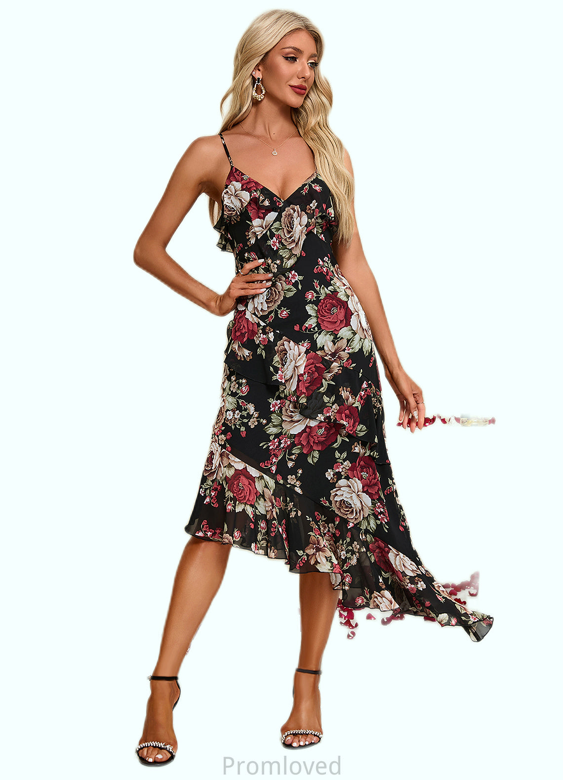 Yaritza Ruffle Floral Print V-Neck Elegant A-line Chiffon Asymmetrical Dresses DUP0022447