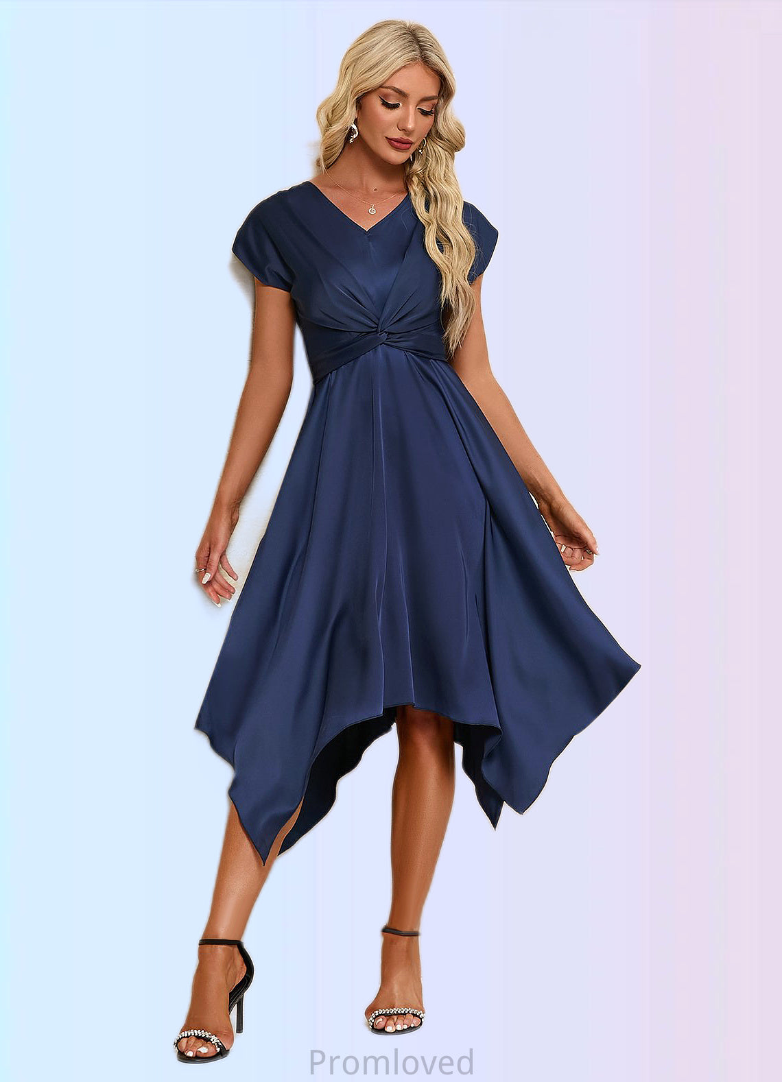 Rihanna Bow V-Neck Elegant A-line Satin Asymmetrical Dresses DUP0022506