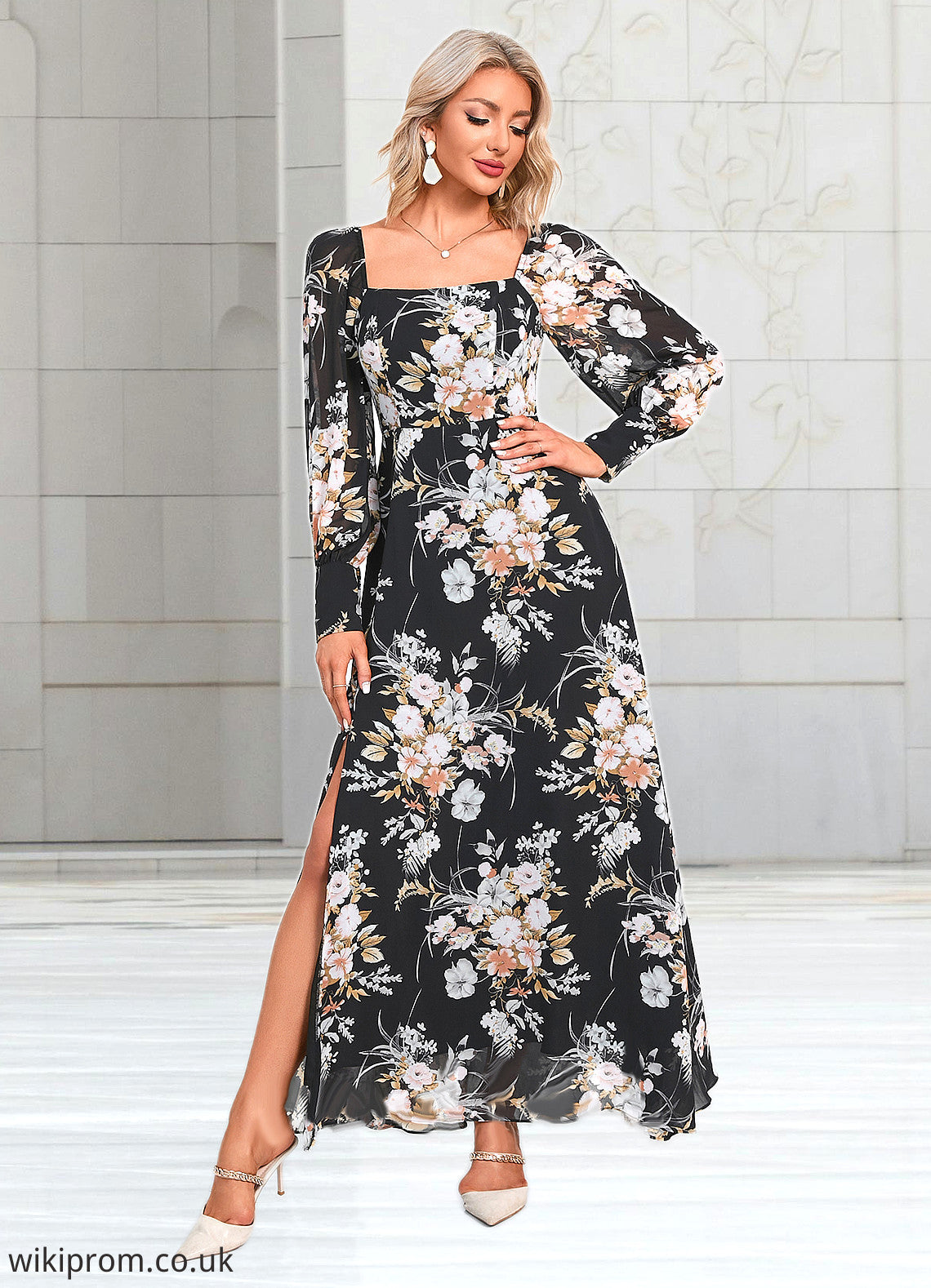 Megan Floral Print Off the Shoulder Elegant A-line Chiffon Maxi Dresses SWKP0022515