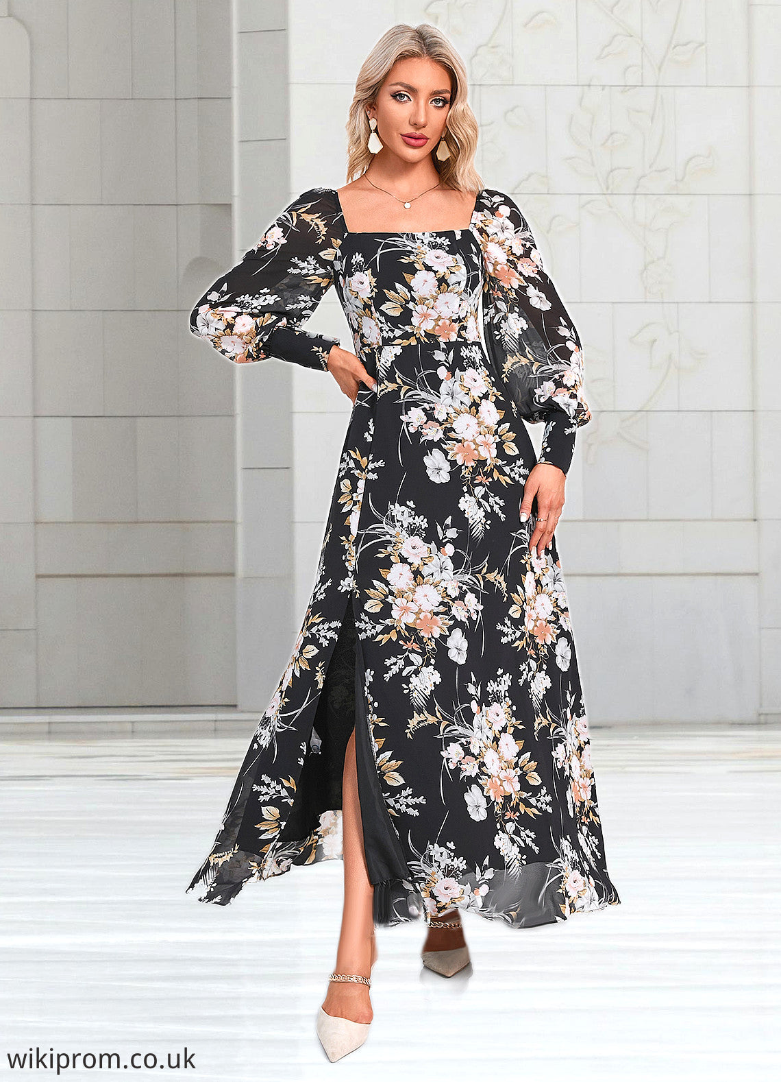 Megan Floral Print Off the Shoulder Elegant A-line Chiffon Maxi Dresses SWKP0022515