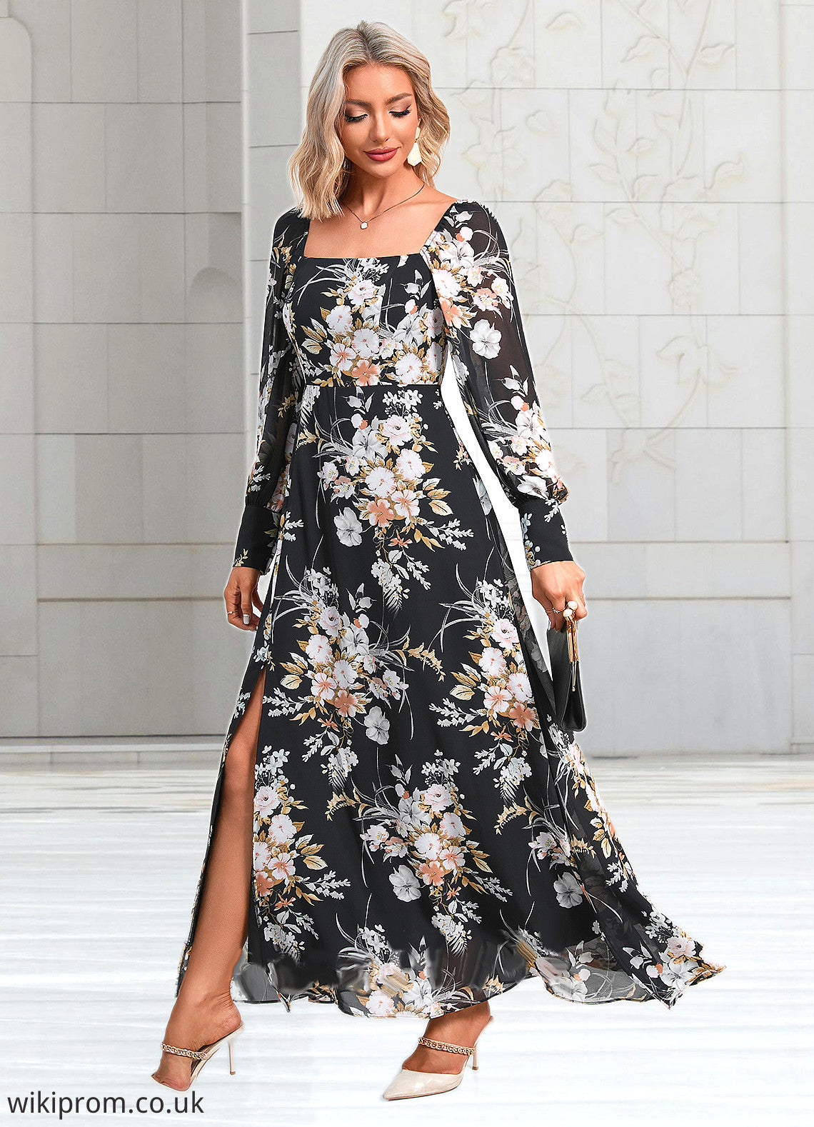 Megan Floral Print Off the Shoulder Elegant A-line Chiffon Maxi Dresses SWKP0022515