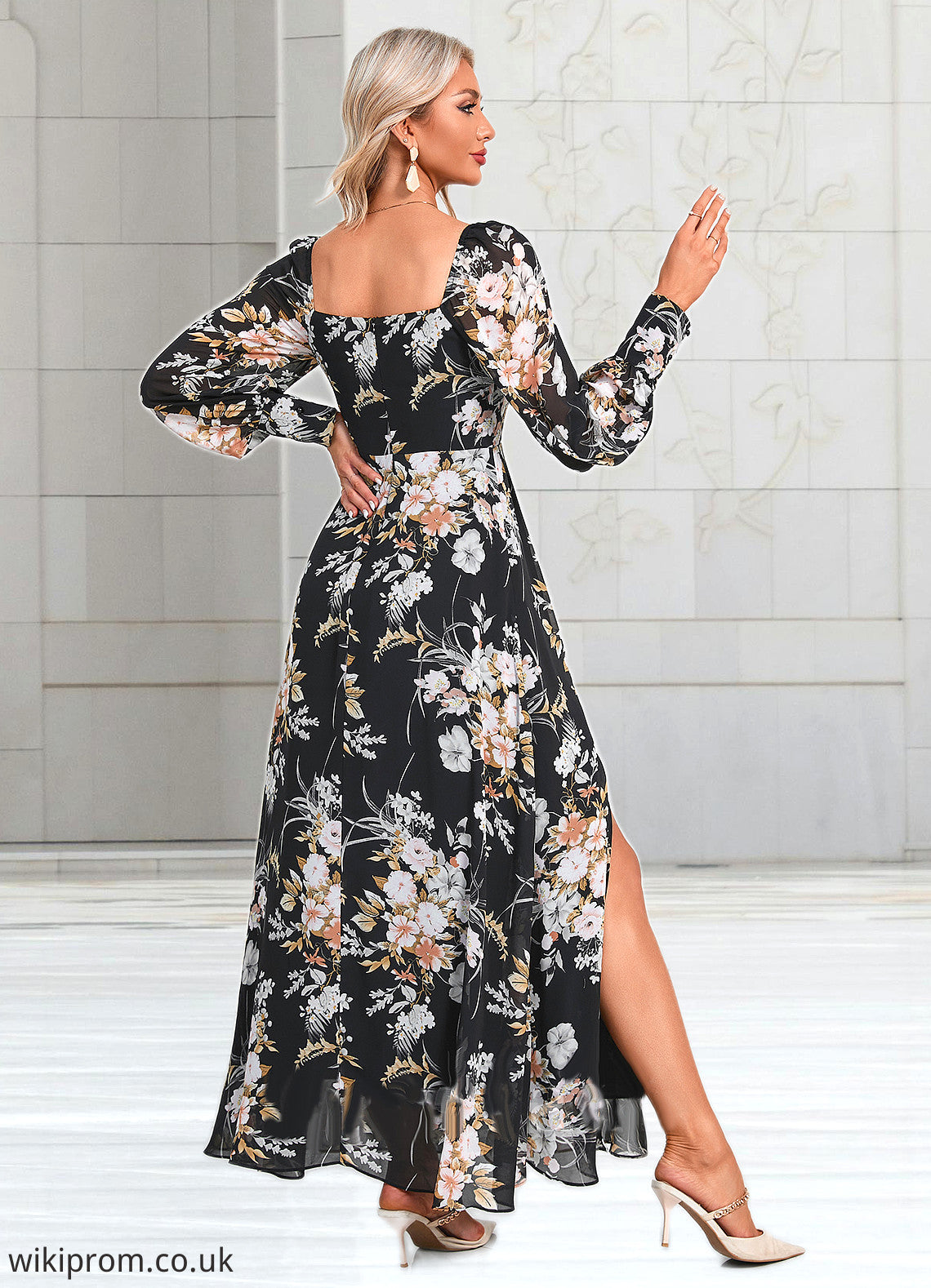 Megan Floral Print Off the Shoulder Elegant A-line Chiffon Maxi Dresses SWKP0022515