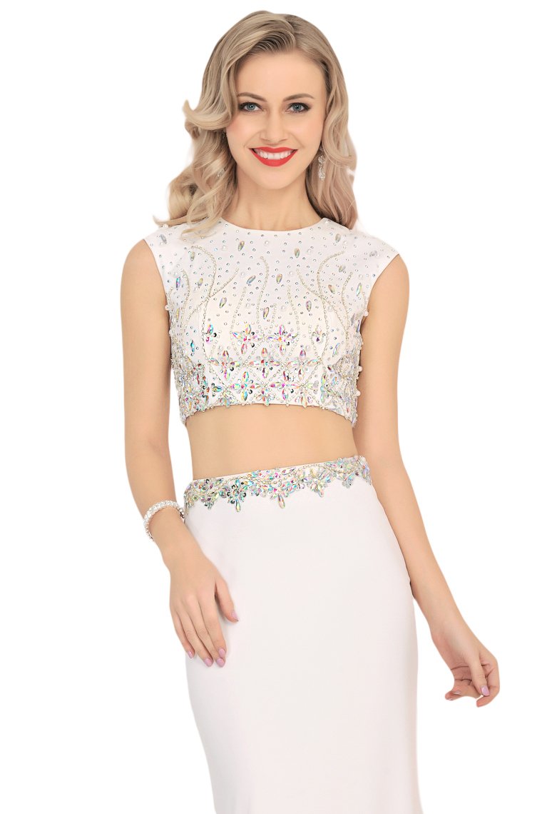 Spandex Scoop Beaded Bodice Mermaid Sweep Train Prom Dresses