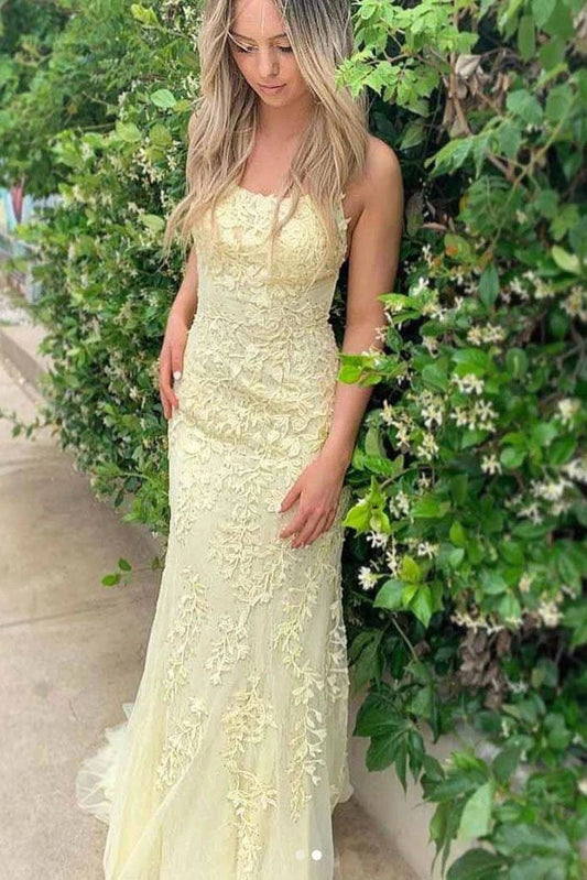 Charming Mermaid Yellow Spaghetti Straps Lace Appliques Prom Dresses with Criss Cross SWK15113